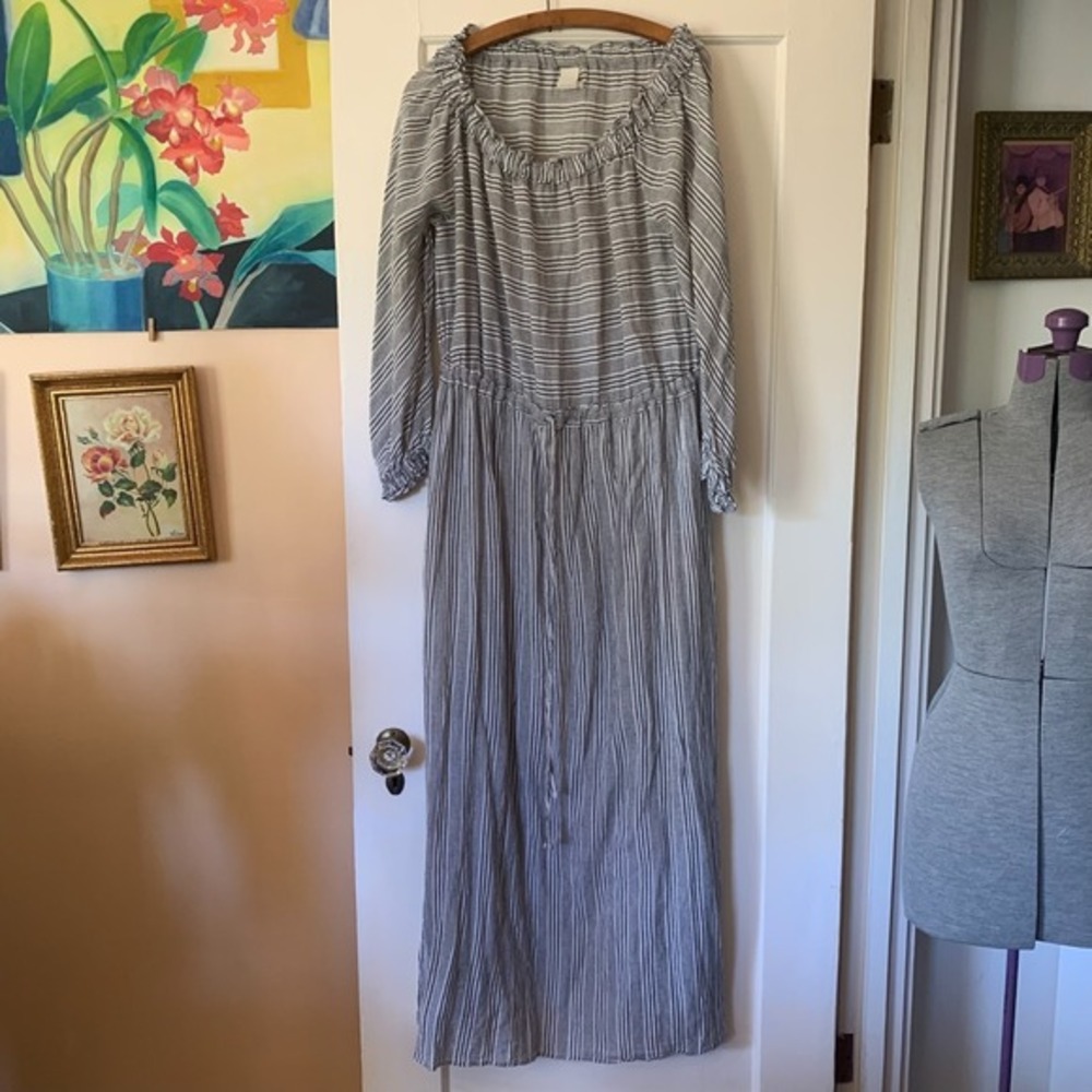 MALIA MILLS L Seer Sucker Stripe Maxi Dress Swim Cover Up Vacation Resort Cruise